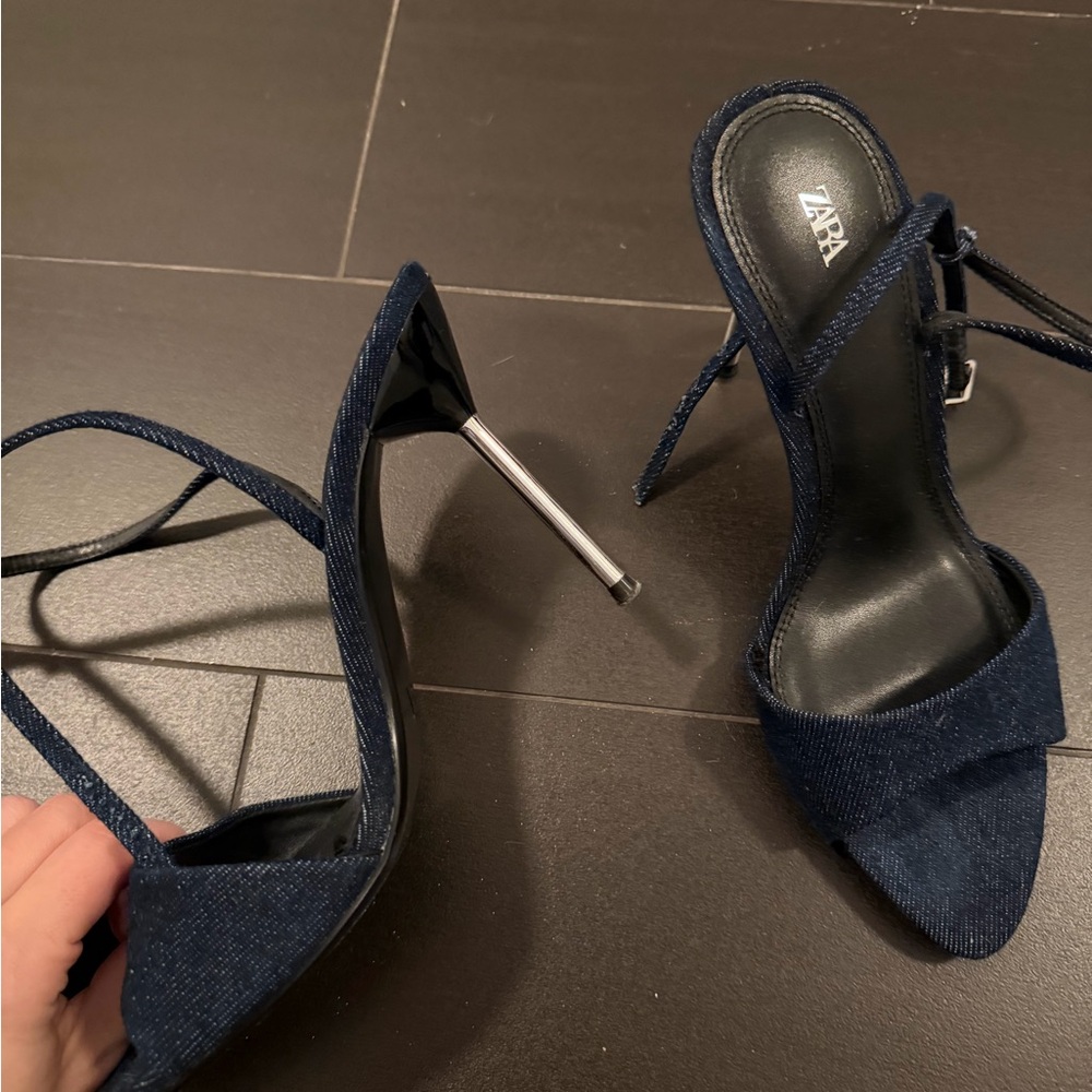 Zara Women's Dark Blue Strappy Denim Heels